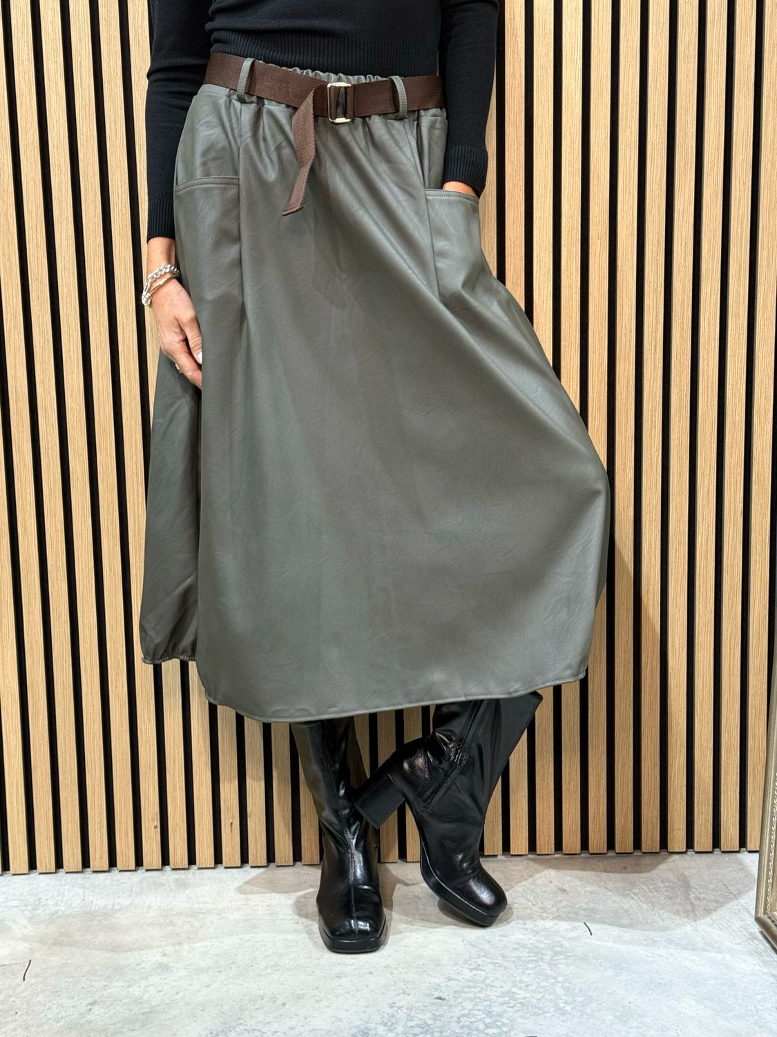 Belted Faux Leather Skirt - Khaki