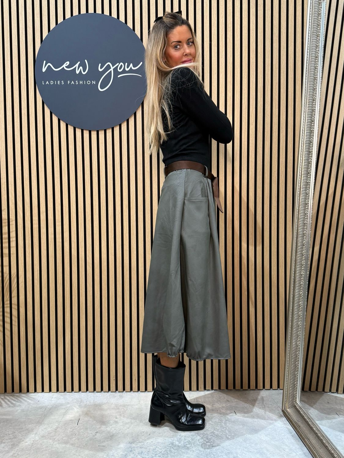 Belted Faux Leather Skirt - Khaki