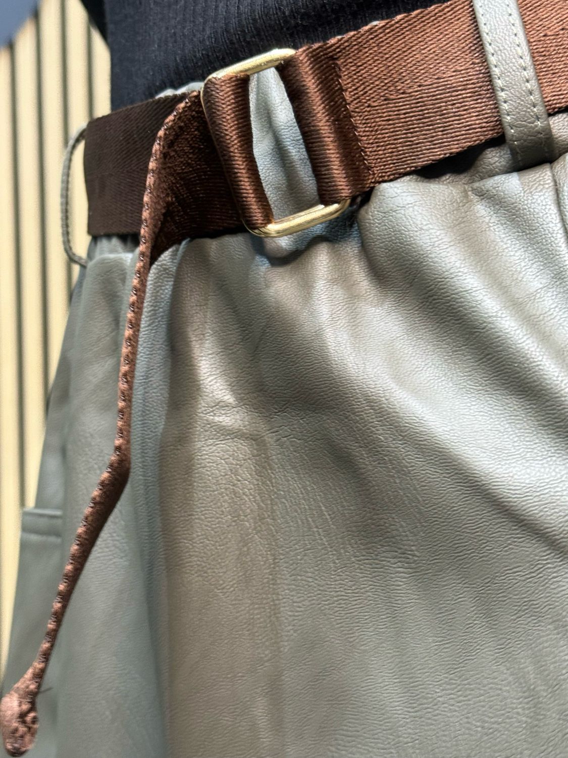 Belted Faux Leather Skirt - Khaki