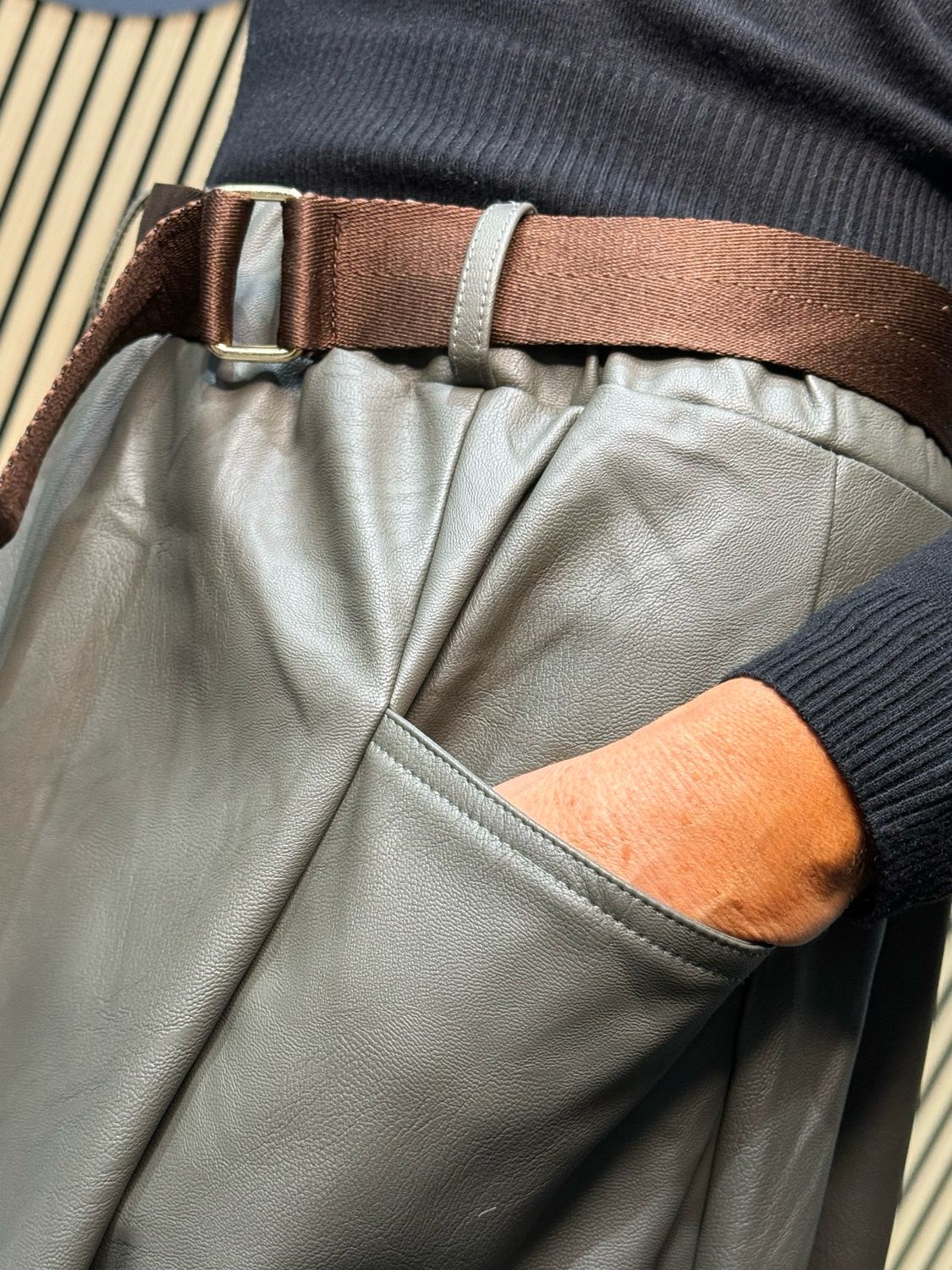 Belted Faux Leather Skirt - Khaki