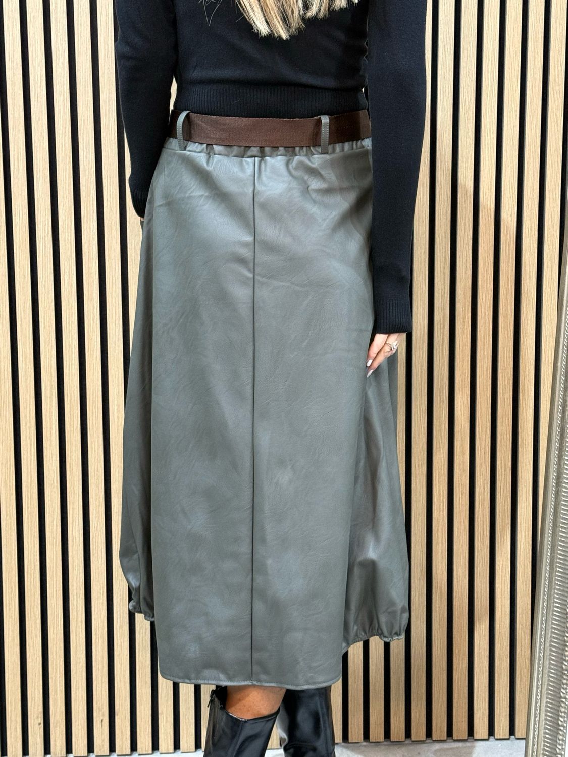 Belted Faux Leather Skirt - Khaki