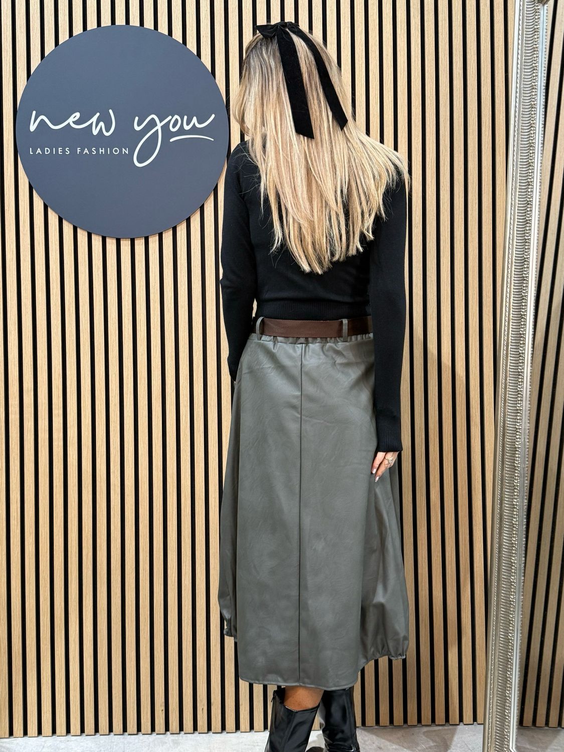 Belted Faux Leather Skirt - Khaki