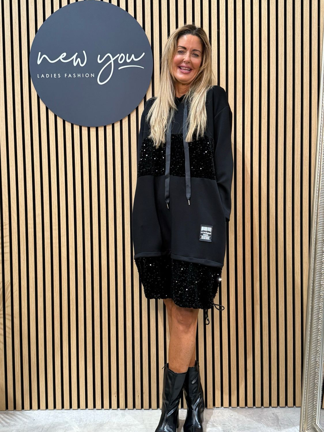 Sequin Panel Hoodie Dress - Black