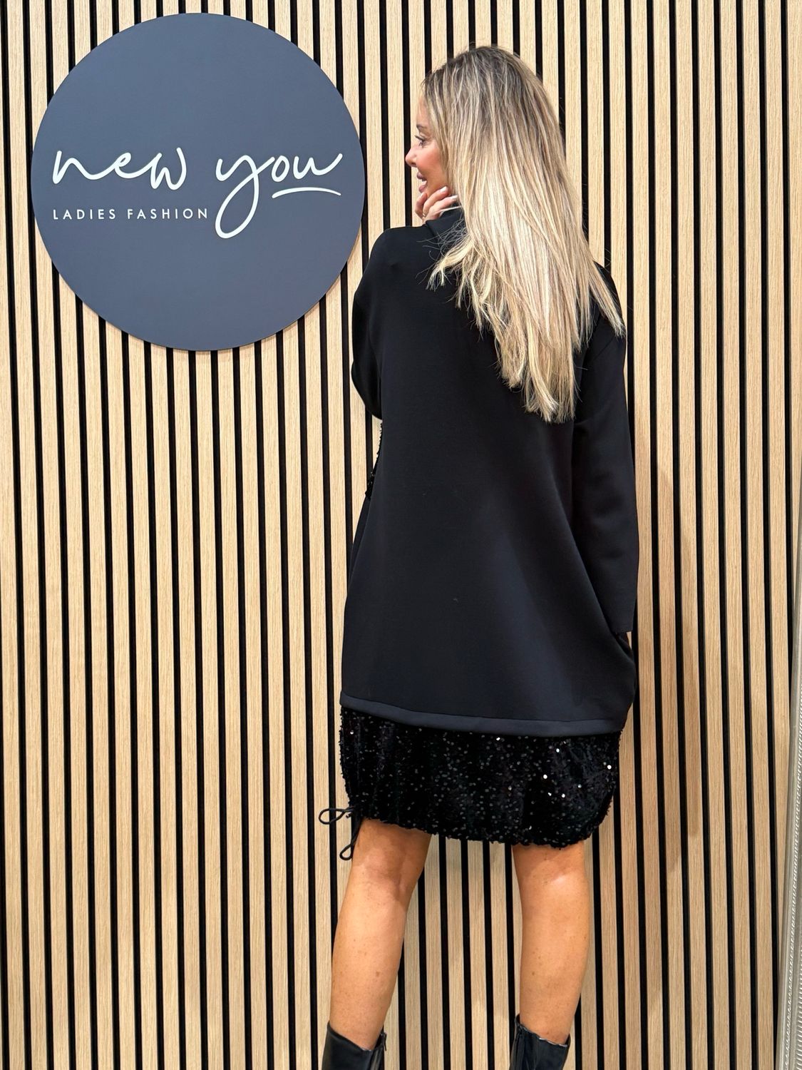 Sequin Panel Hoodie Dress - Black