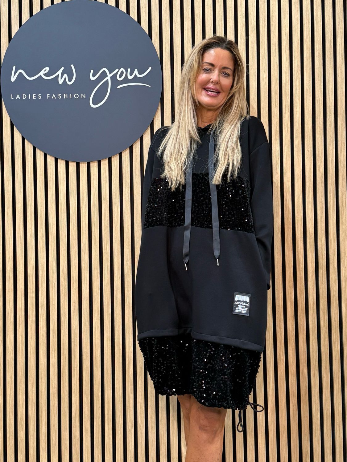 Sequin Panel Hoodie Dress - Black