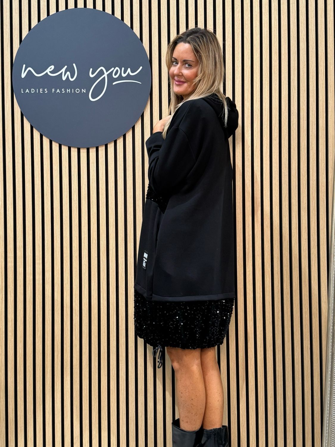 Sequin Panel Hoodie Dress - Black