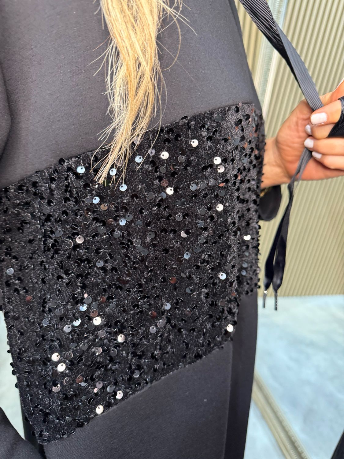 Sequin Panel Hoodie Dress - Black