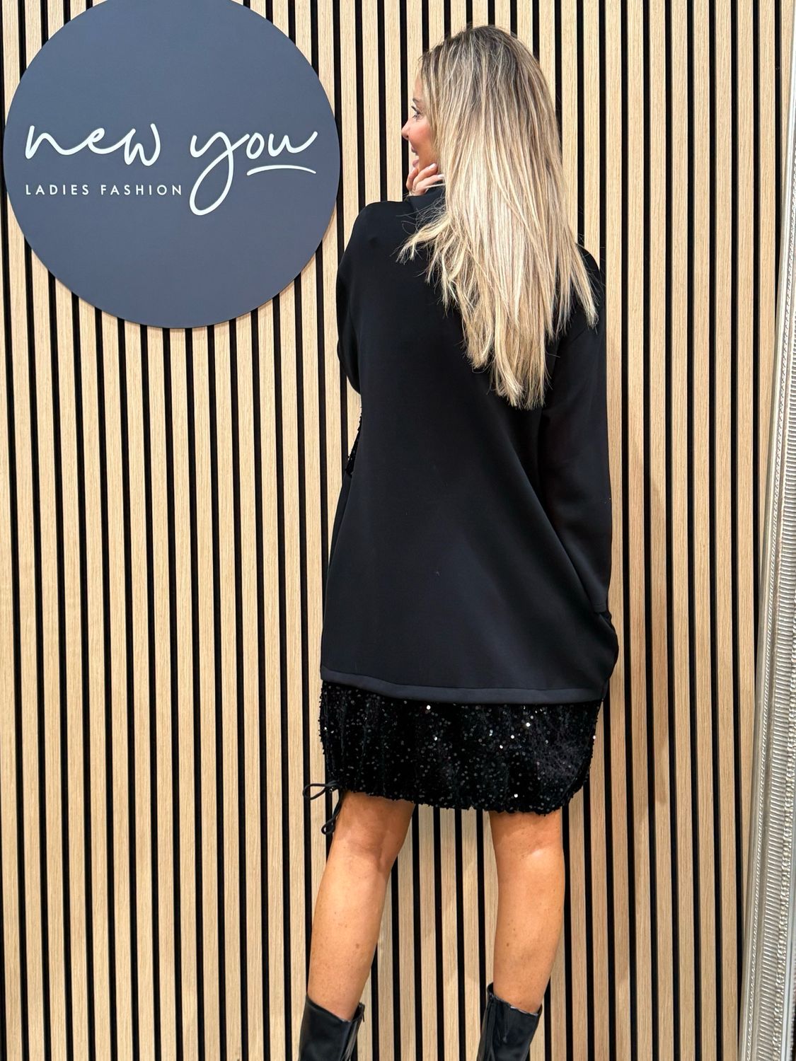 Sequin Panel Hoodie Dress - Black