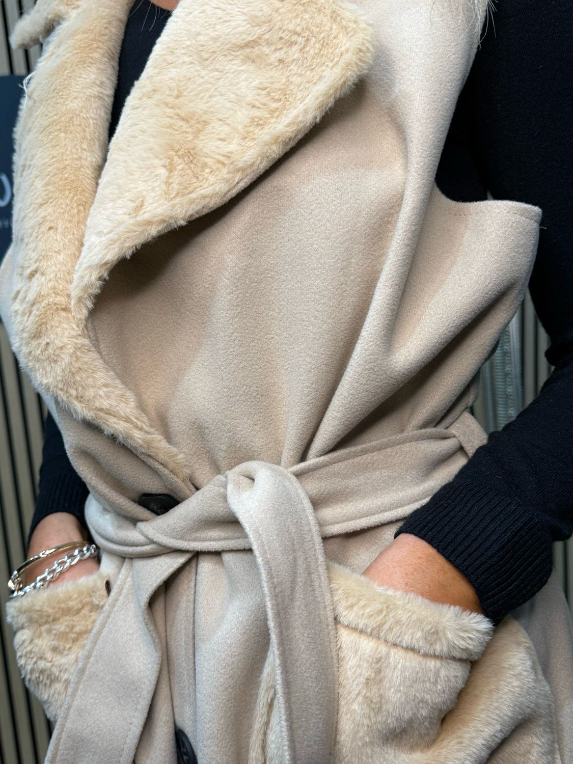 Faux Fur Sleeveless Coat - Cream