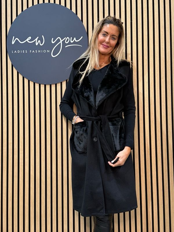 Faux Fur Sleeveless Coat - Black