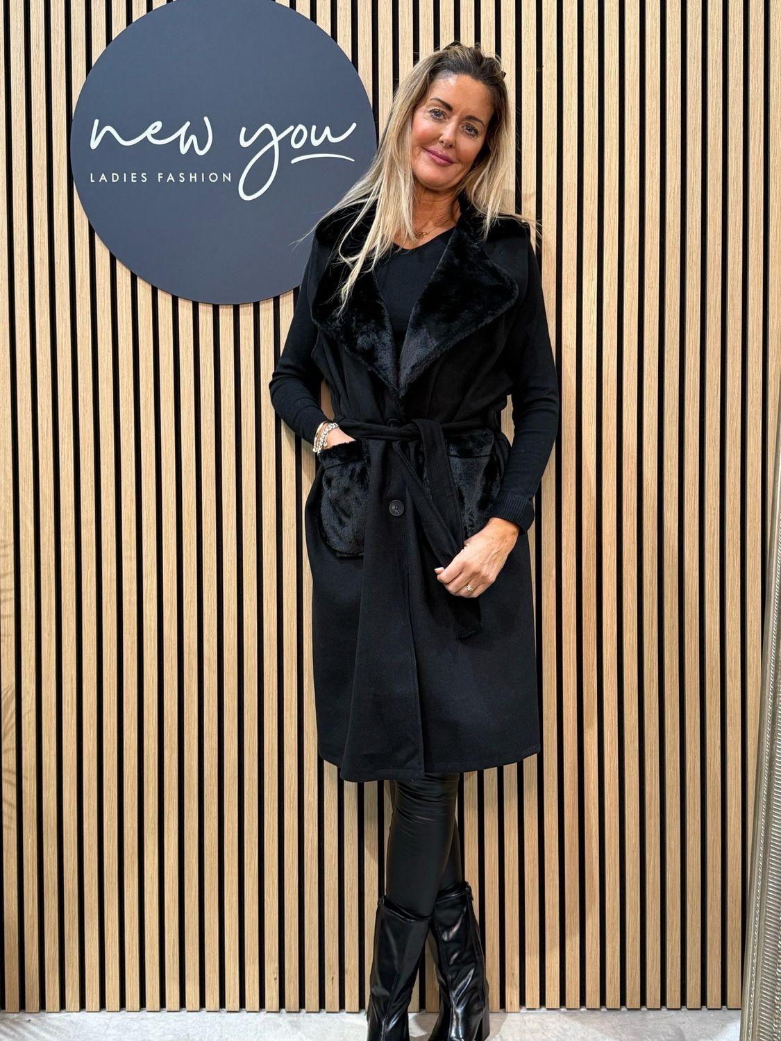 Faux Fur Sleeveless Coat - Black