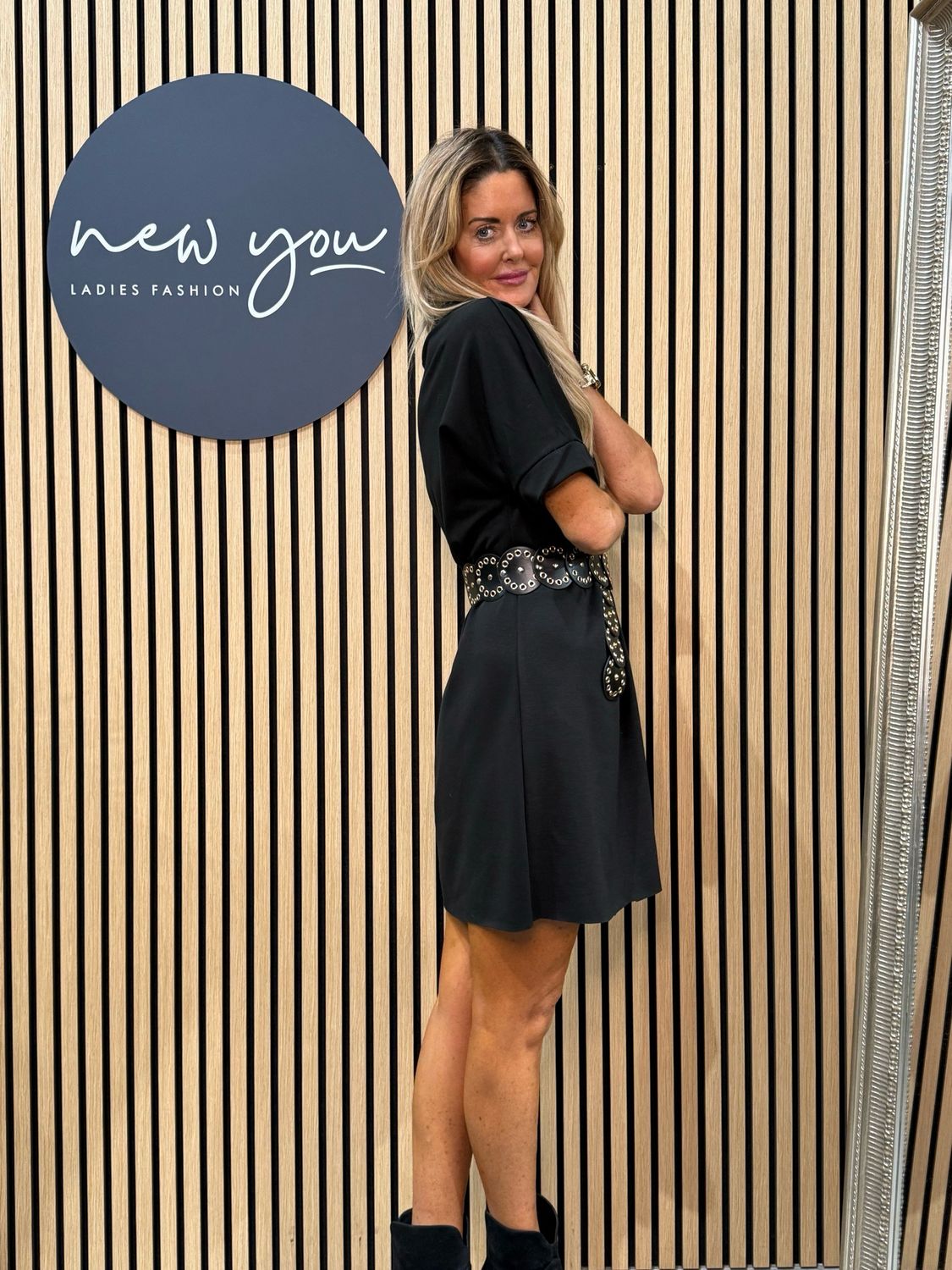 High Neck Dress And Belt Set - Black