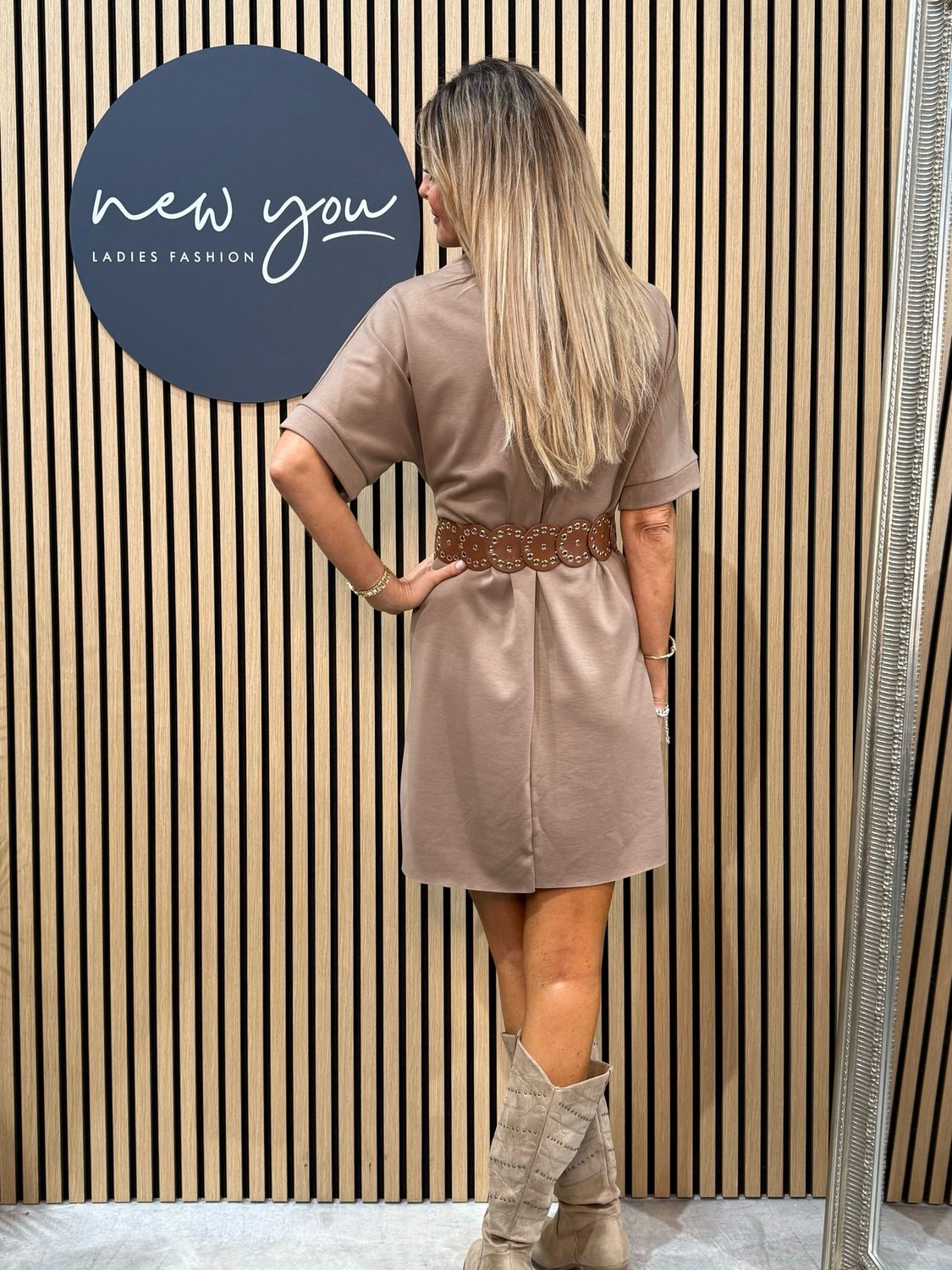 High Neck Dress And Belt Set - Taupe