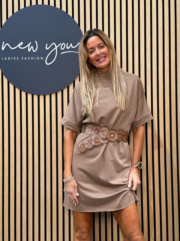 High Neck Dress And Belt Set - Taupe