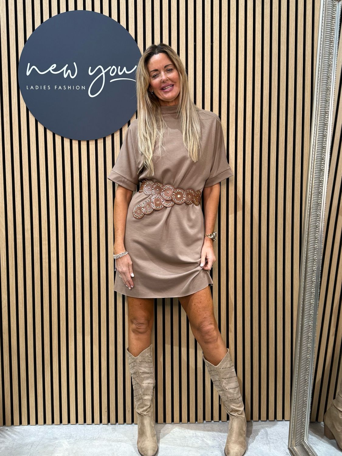 High Neck Dress And Belt Set - Taupe