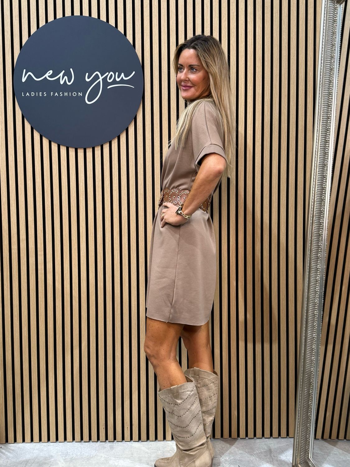 High Neck Dress And Belt Set - Taupe