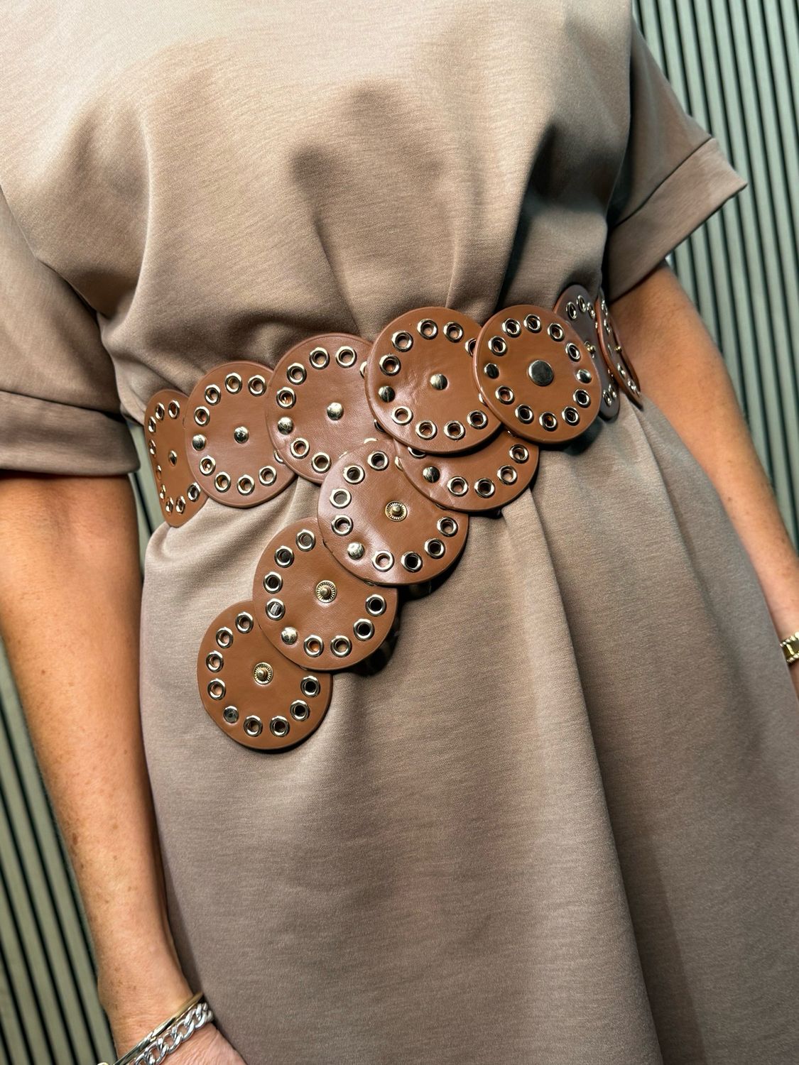 High Neck Dress And Belt Set - Taupe