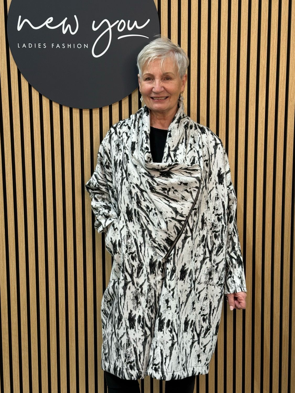 Abstract Print Asymmetric Coat - Black/White