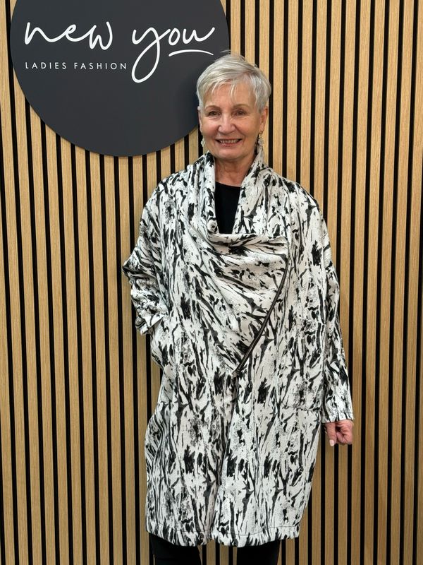 Abstract Print Asymmetric Coat - Black/White