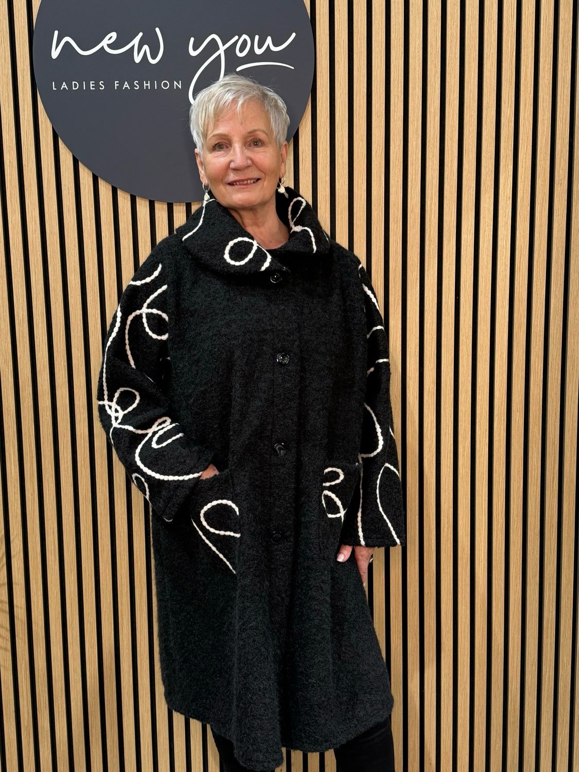 Embroidered Boucle Coat - Black