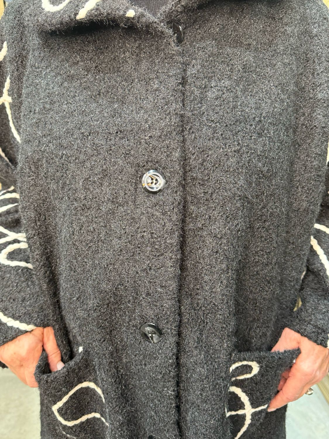 Embroidered Boucle Coat - Black