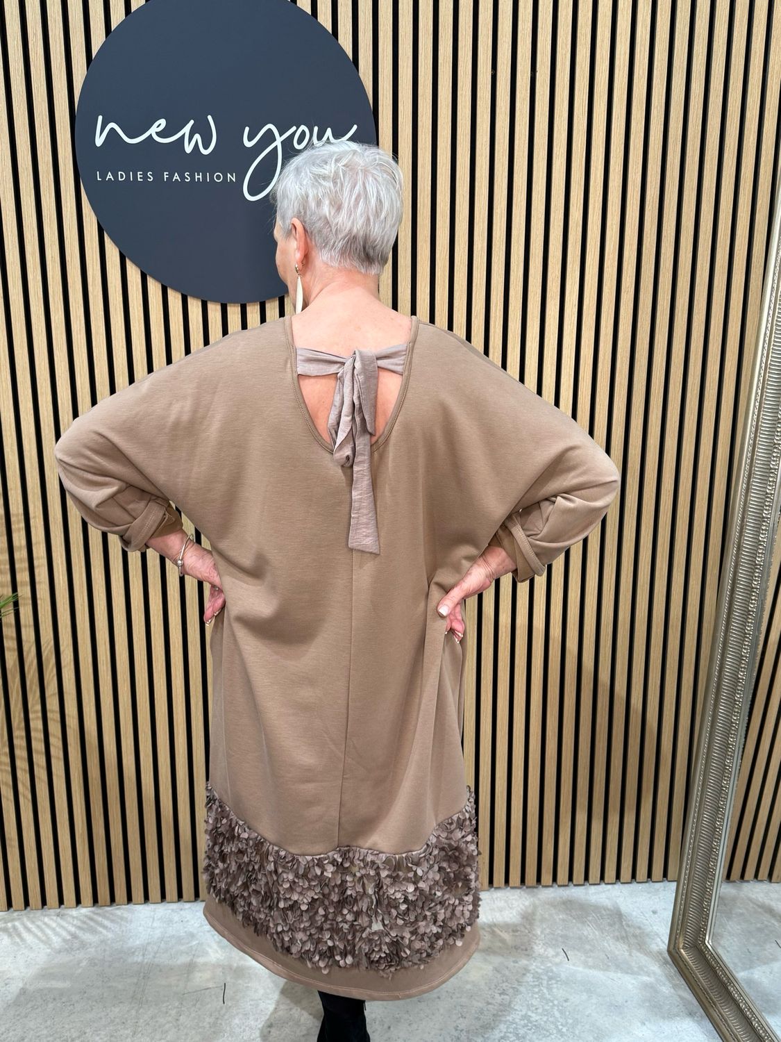 Textured Appliqué Hem Dress - Taupe