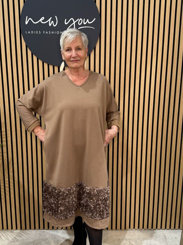 Textured Appliqué Hem Dress - Taupe