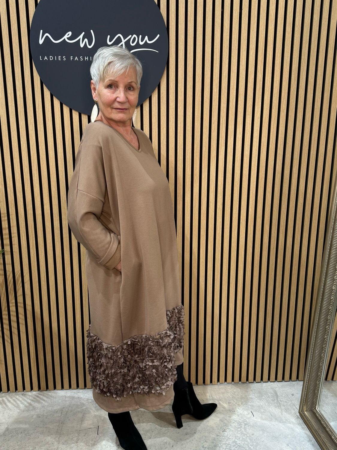 Textured Appliqué Hem Dress - Taupe