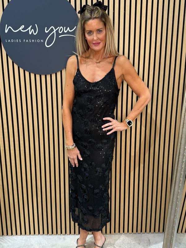 Rose Sequin Midi Dress - Black