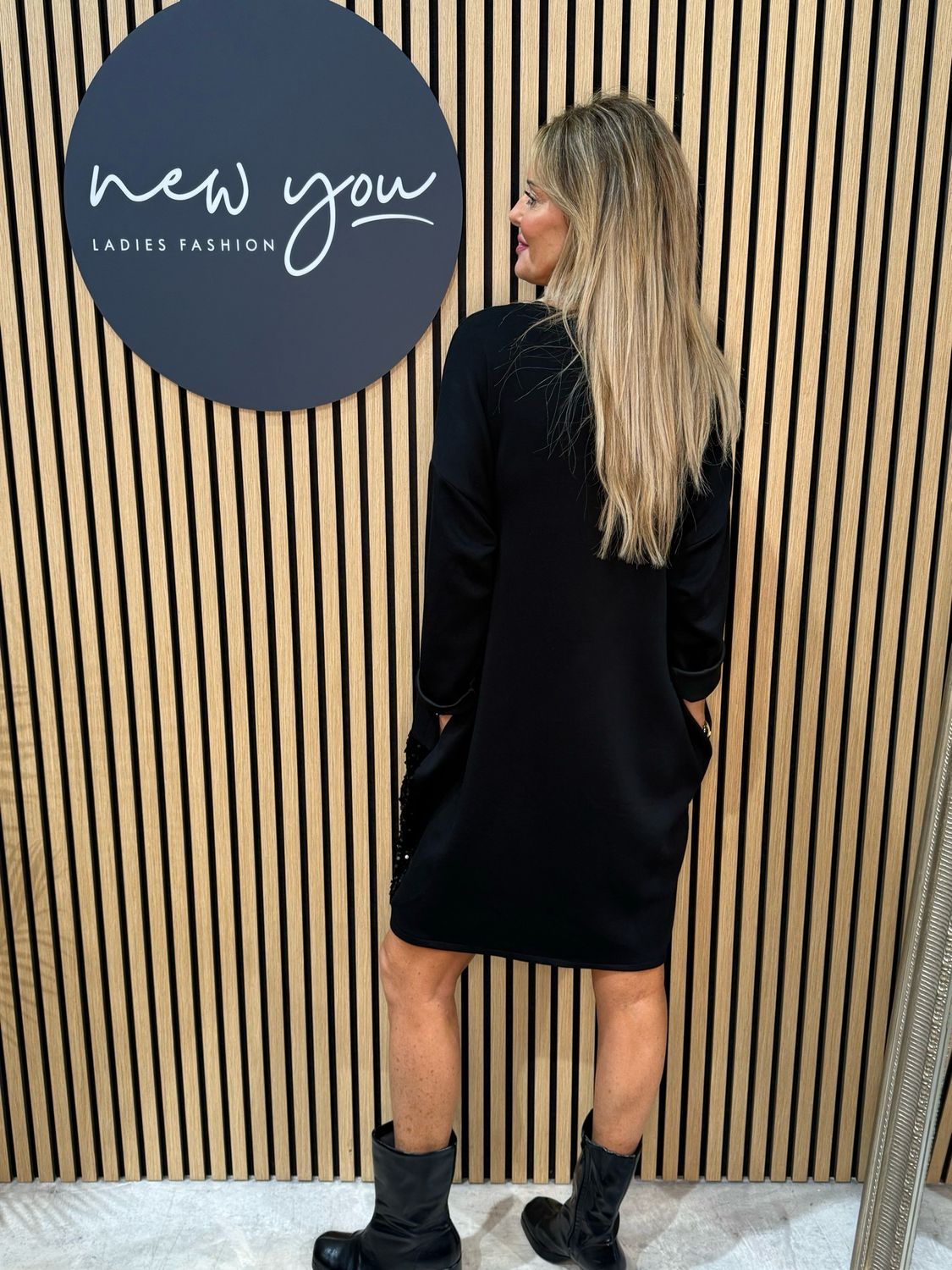 Sequin Patch Oversized Dress - Black