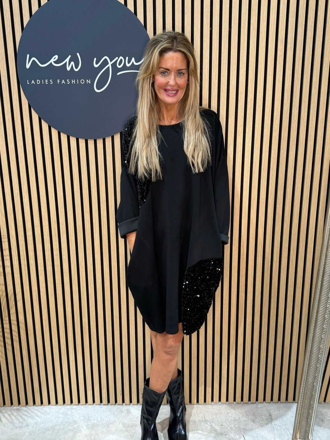 Sequin Patch Oversized Dress - Black