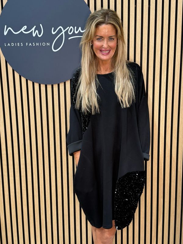 Sequin Patch Oversized Dress - Black