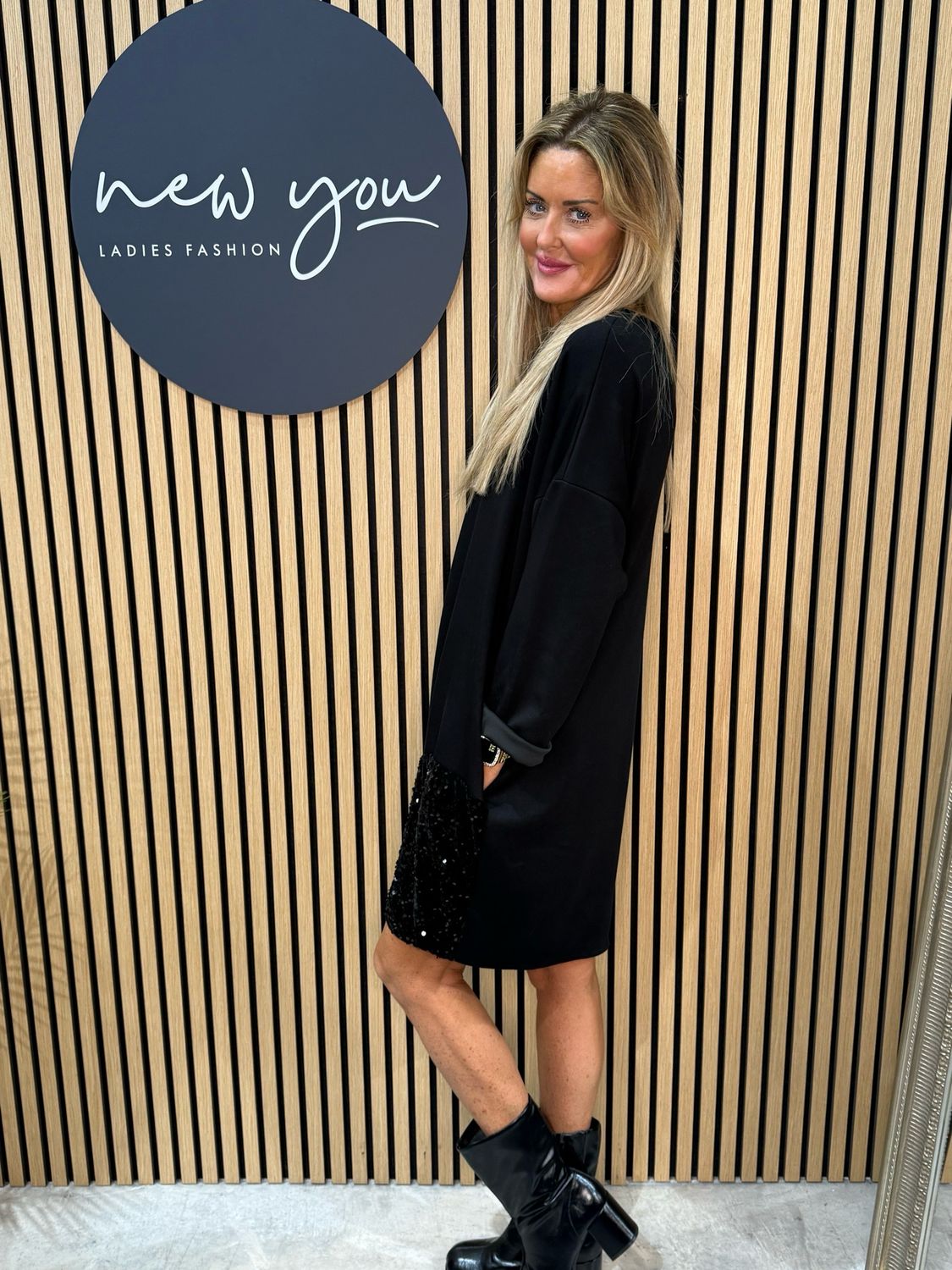 Sequin Patch Oversized Dress - Black