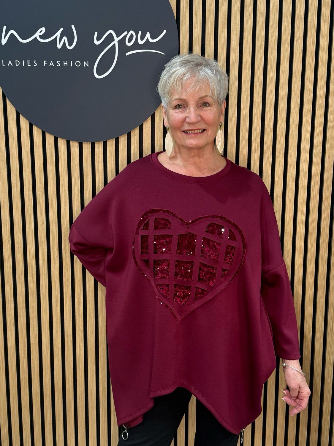 Sequin Heart Oversized Jumper - Burgundy