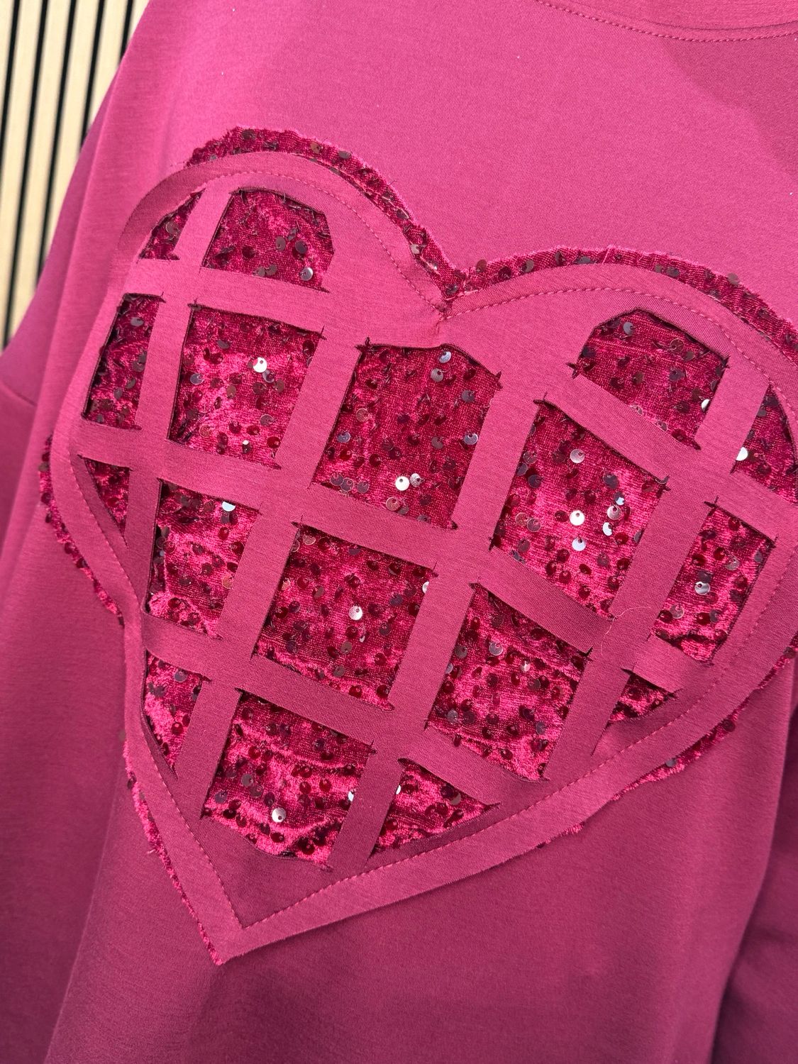 Sequin Heart Oversized Jumper - Burgundy