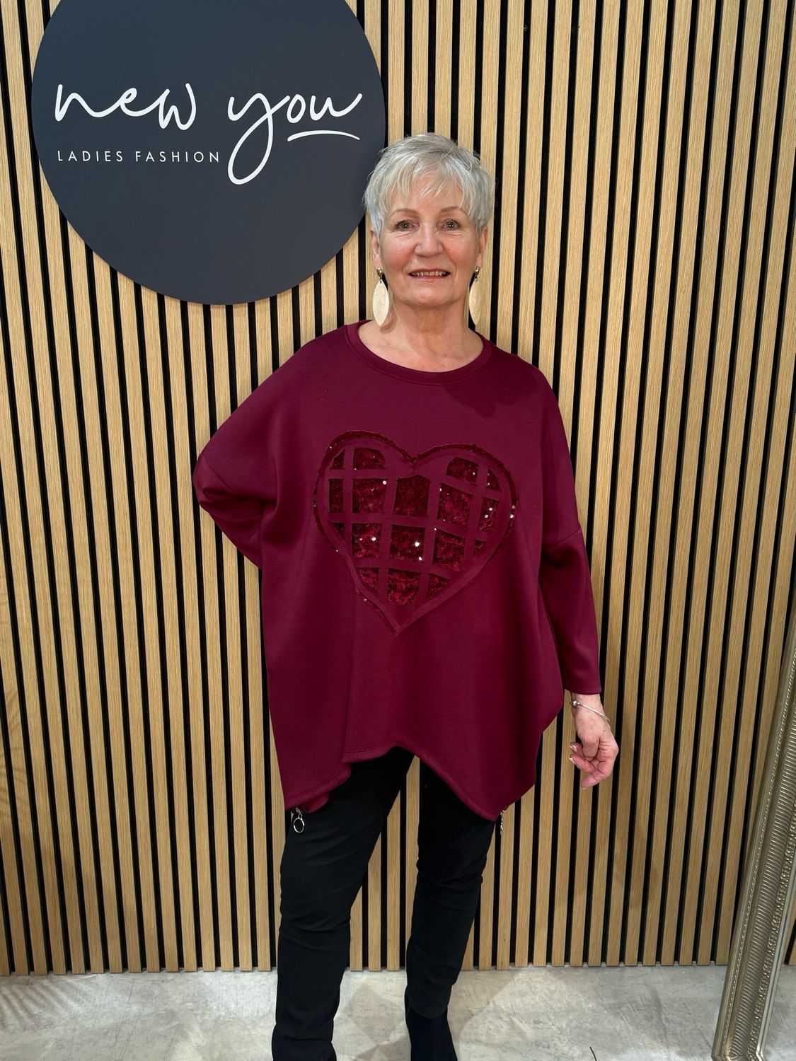 Sequin Heart Oversized Jumper - Burgundy