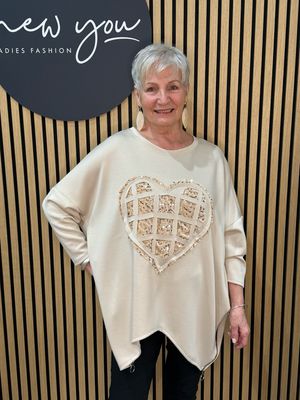 Sequin Heart Oversized Jumper - Cream