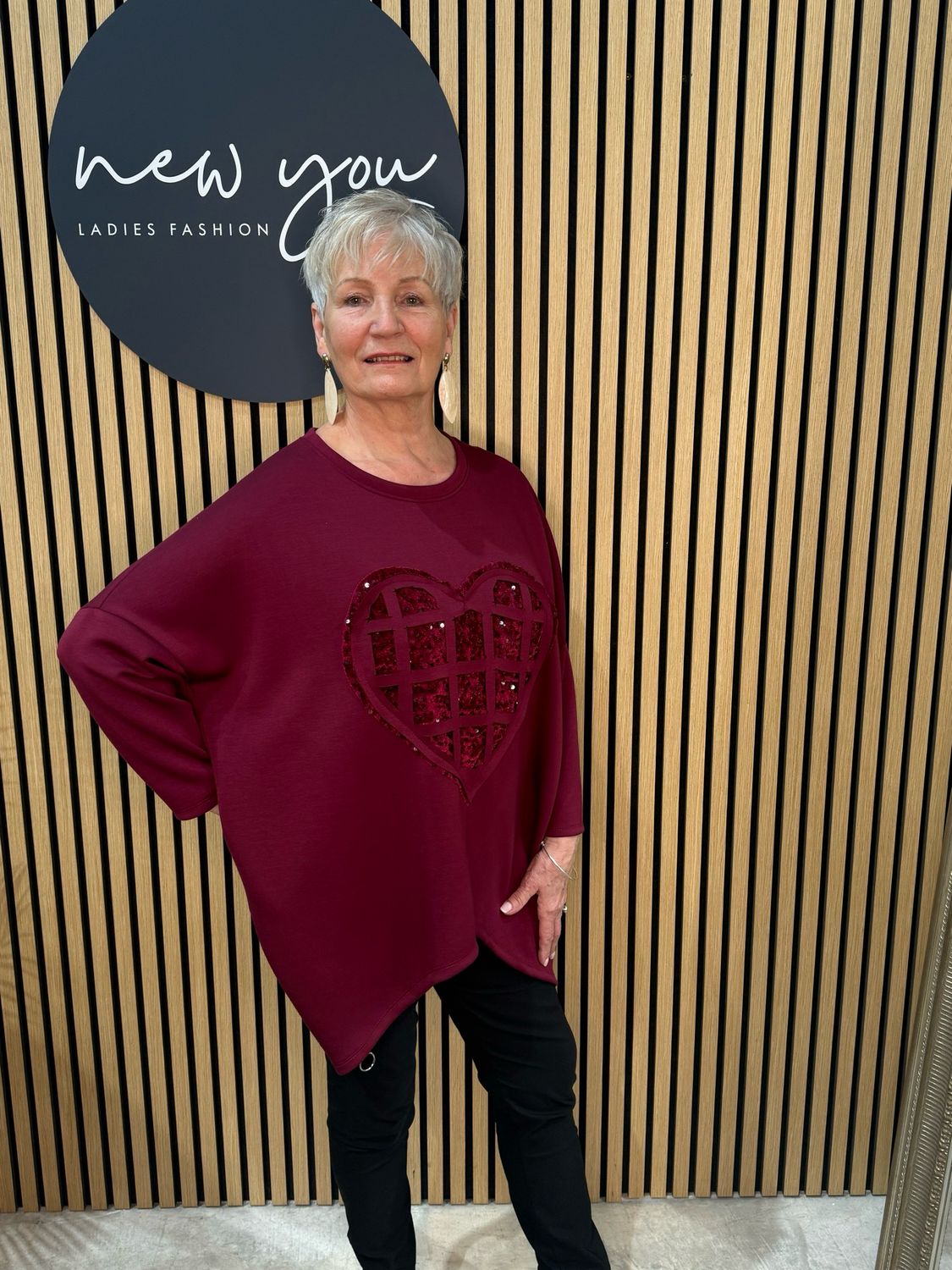 Sequin Heart Oversized Jumper - Burgundy