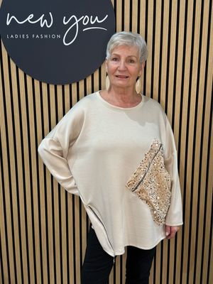 Sequin Zip Detail Jumper - Cream