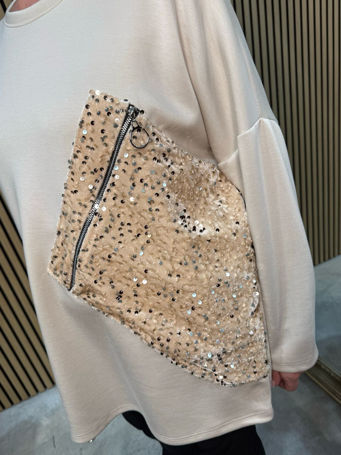 Sequin Zip Detail Jumper - Cream