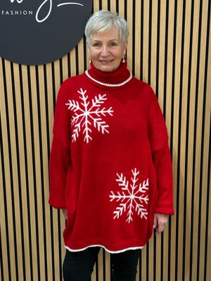 Snowflake - Roll Neck Jumper - Red