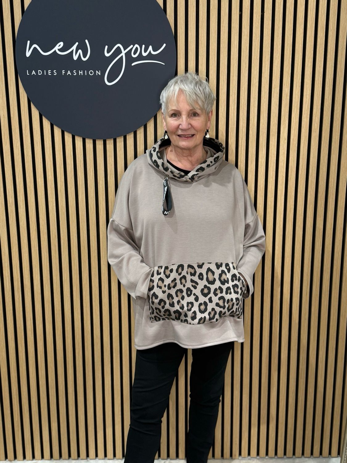 Leopard Panel Hoodie - Beige