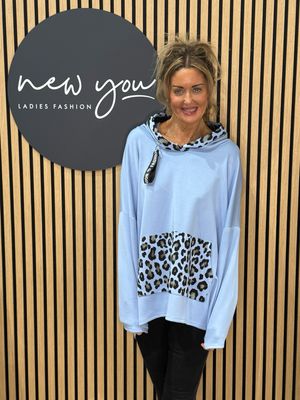 Leopard Panel Hoodie - Baby Blue