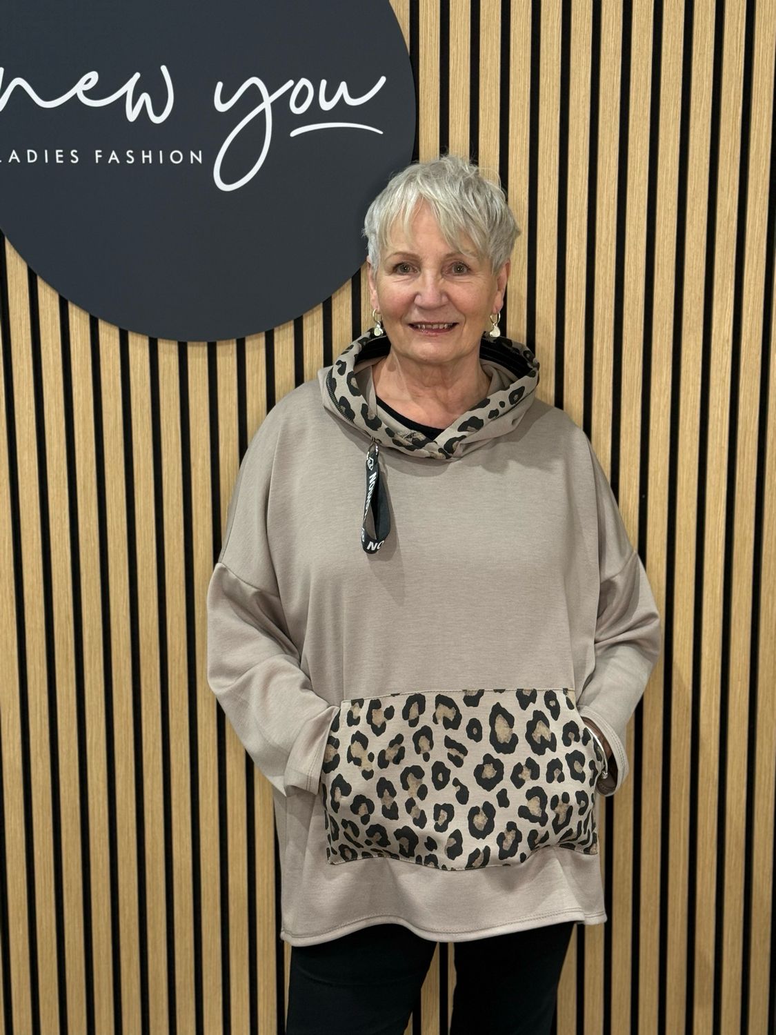 Leopard Panel Hoodie - Beige