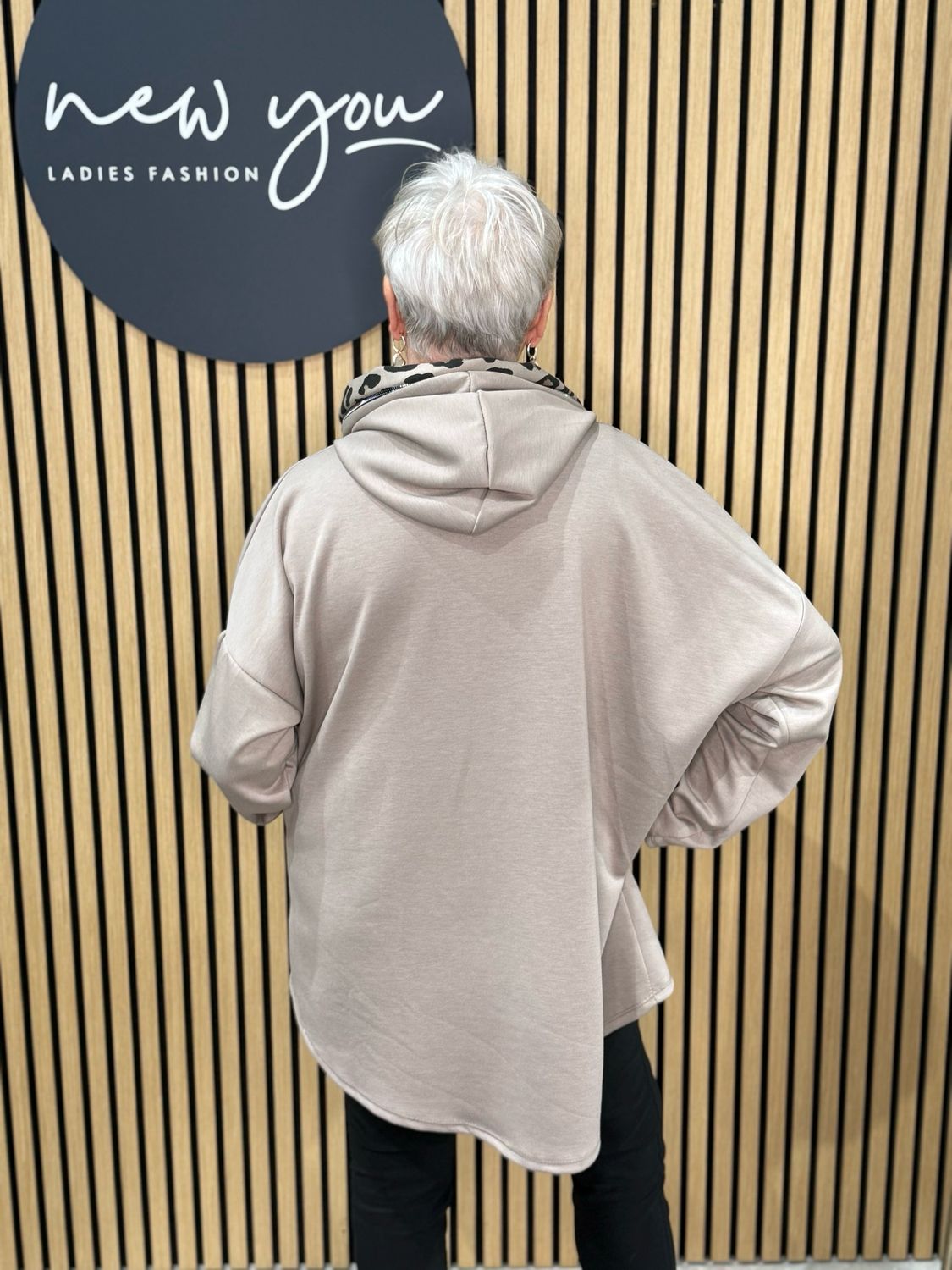 Leopard Panel Hoodie - Beige