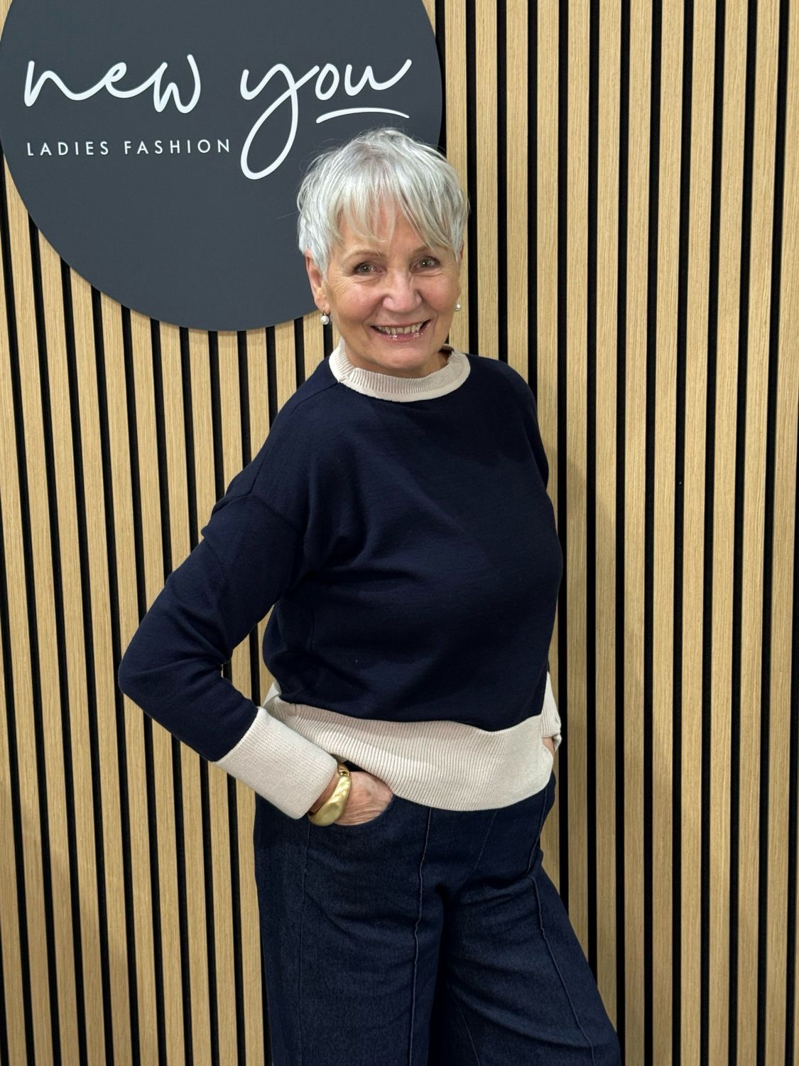 Contrast Trim Colour Block Jumper - Navy/Cream