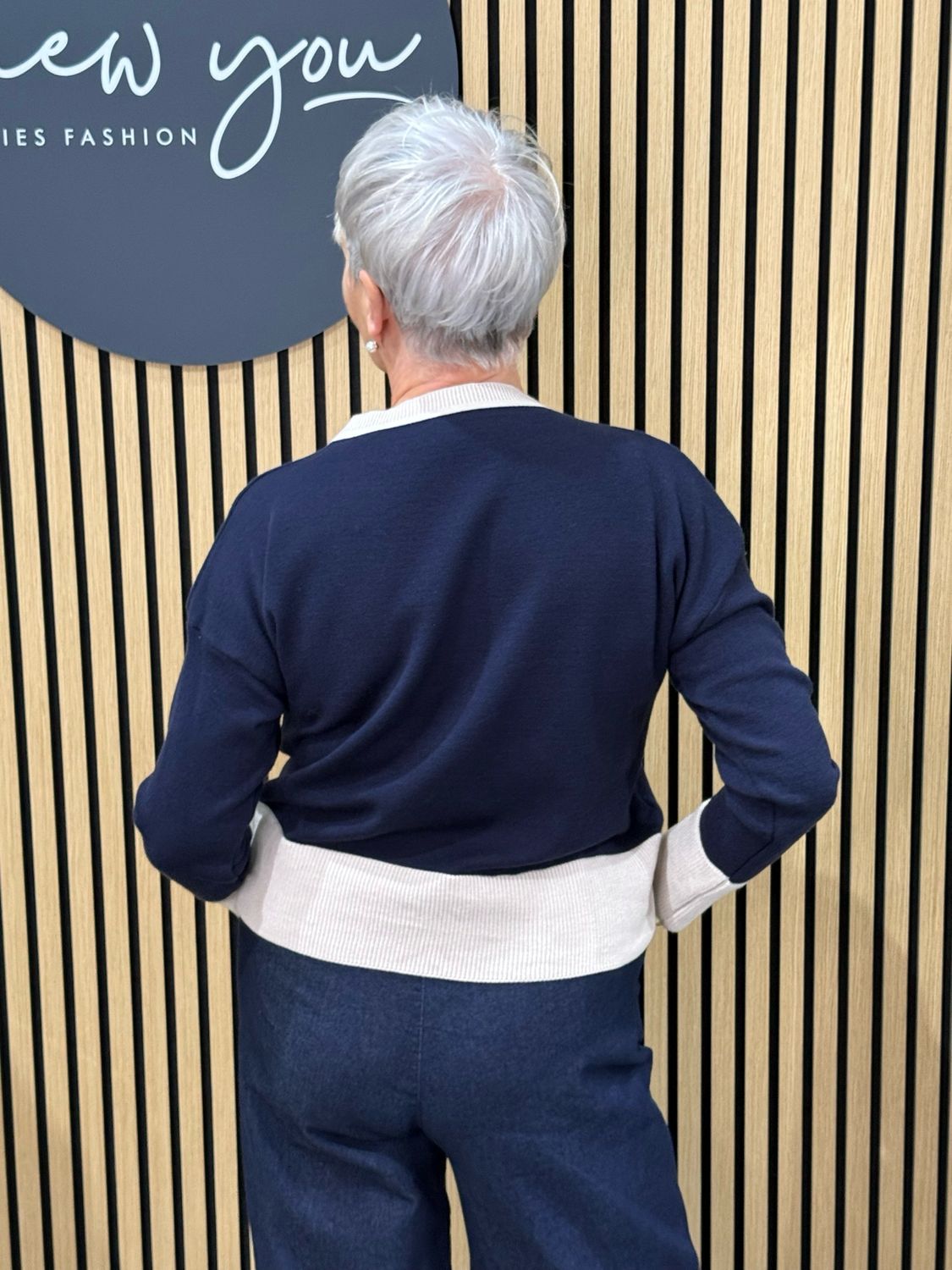 Contrast Trim Colour Block Jumper - Navy/Cream