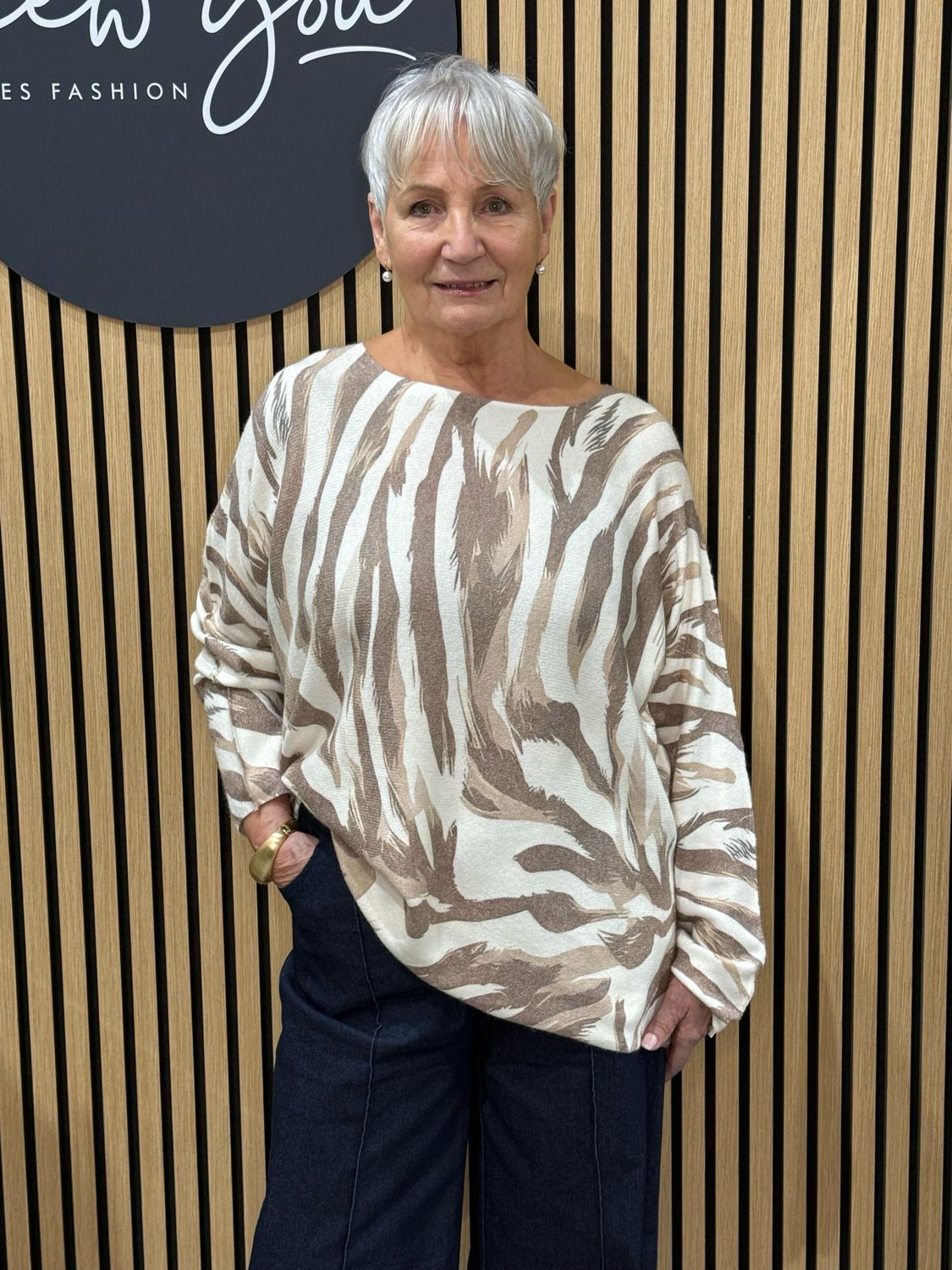 Abstract Brushstroke Knit Top - Taupe