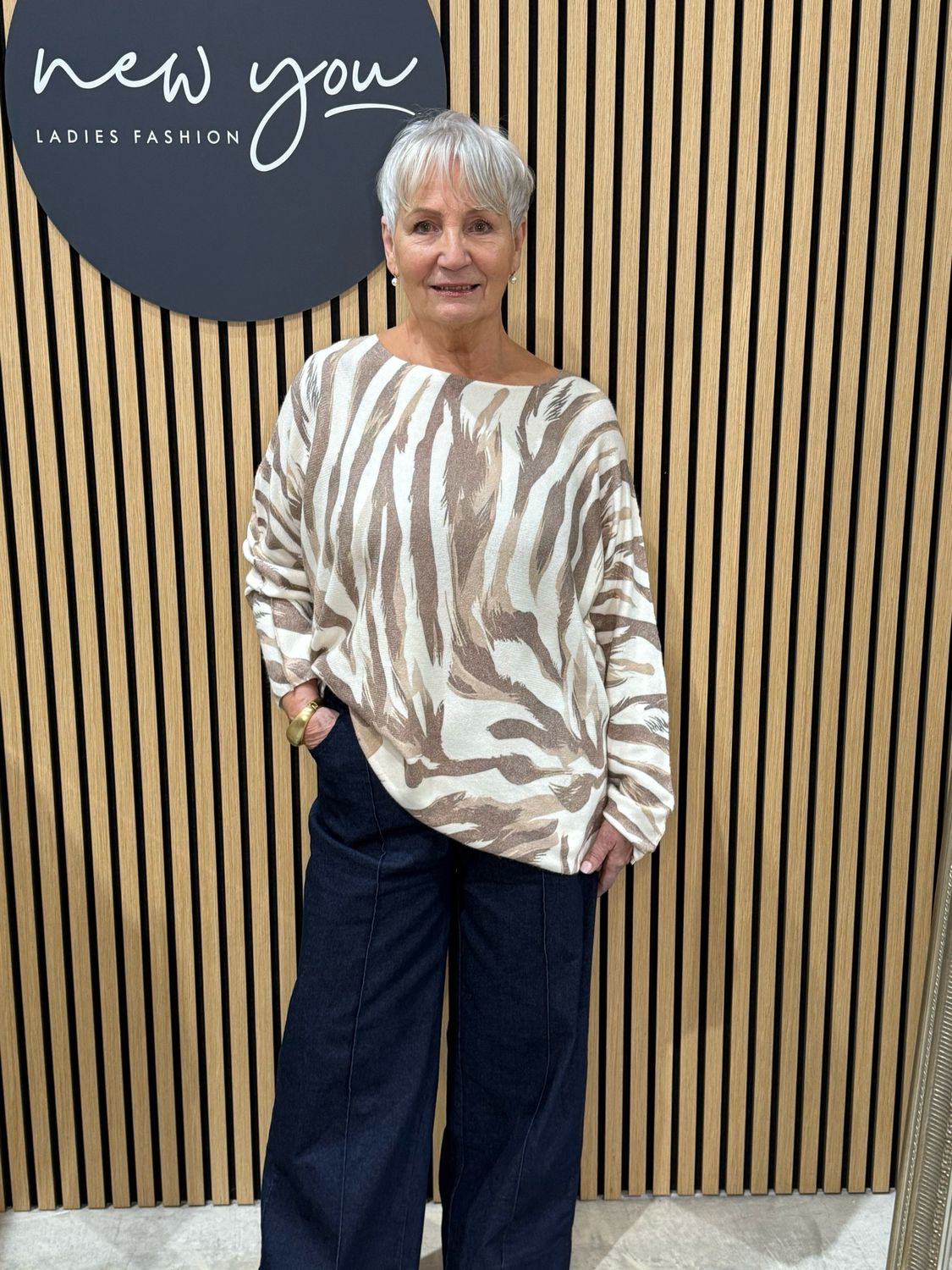 Abstract Brushstroke Knit Top - Taupe