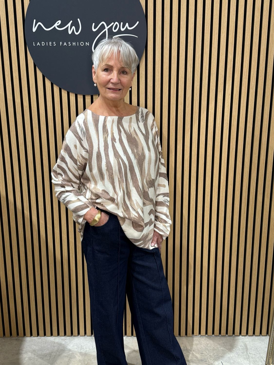 Abstract Brushstroke Knit Top - Taupe